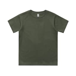 A kids' classic tee in olive green, featuring a simple design and a logo at the neckline area.