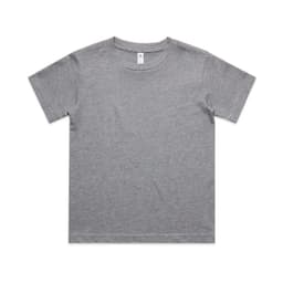 A grey classic kids' T-shirt with short sleeves, featuring a label and no visible designs or patterns.