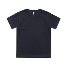 A black short-sleeved children's t-shirt with a tag and no visible logos.