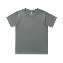 A grey kids' classic T-shirt featuring a round neckline and short sleeves, with a label inside the collar.