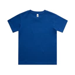 A blue youth classic tee with a crew neck and short sleeves, featuring a logo on the tag.