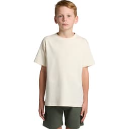 A plain cream youth classic tee with short sleeves, paired with dark green shorts. Features a logo on the tee.