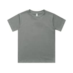 A plain grey youth classic tee with short sleeves and a tag inside. The shirt has a logo on the label.