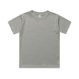 A grey youth classic tee with a round neckline and short sleeves. It features a small logo on the neckline.