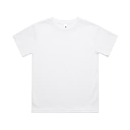 A white Youth Classic Tee with a crew neckline, featuring a logo on the inside label.