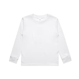 A long-sleeve white T-shirt features a crew neck and ribbed cuffs, with a simple design and branding.
