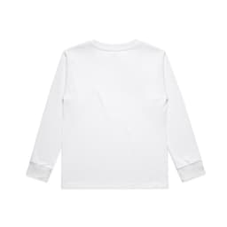 A long-sleeved white kids' T-shirt featuring a plain back and cuffs. It has a logo on the label.