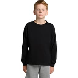 A youth long sleeve tee in black, featuring a simple design and a logo on the front.