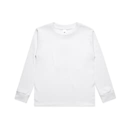 A white long-sleeve t-shirt with a crew neckline and cuffs. The shirt features a branding logo.