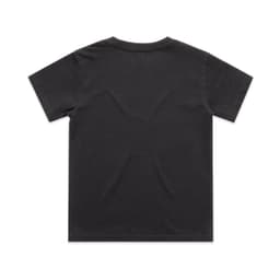 A faded black kids' t-shirt with a classic short sleeve design and a simple logo on the front.