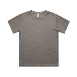 A faded grey youth t-shirt with a crew neck and short sleeves, featuring a branding label.