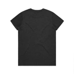 A dark grey t-shirt with short sleeves and a plain back, featuring a logo on the lower side.
