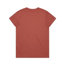 A rust-coloured t-shirt featuring a plain design and a round neckline, with a logo on the back.