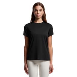 A black active tee featuring a logo, displayed on a model with long hair and neutral background.