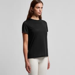 A black active T-shirt with a relaxed fit, featuring a logo on the side.