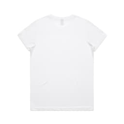 A plain white T-shirt with a crew neck and short sleeves, featuring a logo on the back.