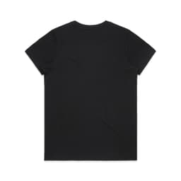 A black, short-sleeved T-shirt with a plain design and a logo on the back.