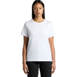A plain white T-shirt with short sleeves, featuring a logo on the chest.