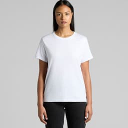 A white organic T-shirt for women, featuring a simple design and a logo.