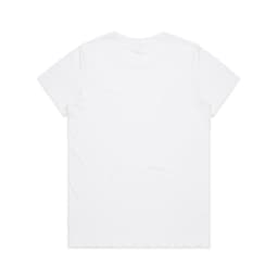 A plain white cotton T-shirt with short sleeves and a crew neckline, featuring a logo on the back.