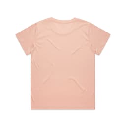 A plain peach T-shirt with a crew neck and short sleeves, featuring a logo on the back.