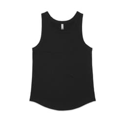 A black singlet with a rounded hem and a simple design. Features a branding logo on the label.