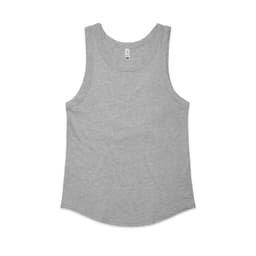 A grey singlet with a rounded hem and a logo. It features wide armholes and a relaxed fit.