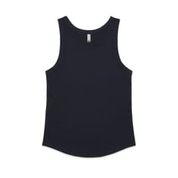 A dark navy singlet with a rounded hem and wide armholes, featuring a logo on the label.