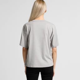 A light grey t-shirt with short sleeves, featuring a branding logo on the back.