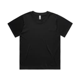 A black t-shirt with a classic crew neckline and short sleeves. It features a logo on the tag.