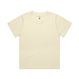 A yellow short-sleeved t-shirt with a round neckline, featuring a plain design and a branding label.