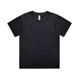 A black t-shirt with a round neck and short sleeves, featuring a logo on the label.