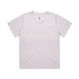 A light pink t-shirt with a round neckline and short sleeves, featuring a logo on the label.