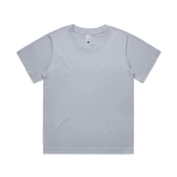 A light grey t-shirt with short sleeves and a round neckline, featuring a branded label at the neck.