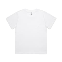 A white t-shirt with short sleeves, featuring a branded label on the neckline.