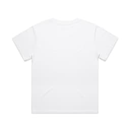 A plain white T-shirt with a back view, featuring a smooth fabric texture and a simple design.