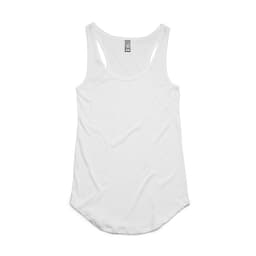 A white racerback tank top with a rounded hem and shoulder straps. It features a logo at the neck.