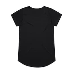 A black t-shirt with short sleeves and a rounded hem, featuring a logo.