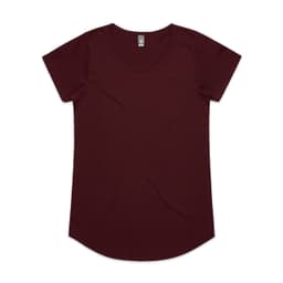 A burgundy short-sleeve T-shirt with a rounded neckline and a logo on the label.