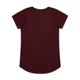 A maroon t-shirt featuring a rounded hem and short sleeves. It has a logo on the back.