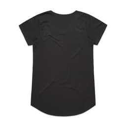 A black t-shirt with short sleeves and a curved hem, featuring a logo on the back.