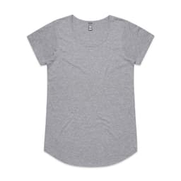 A grey T-shirt with a rounded neckline and short sleeves, featuring a logo on the label.
