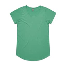 A green short-sleeved T-shirt with a rounded neckline and a logo on the label.