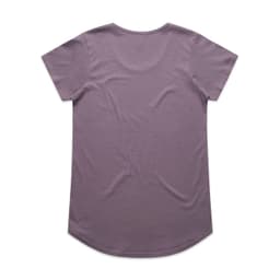 A mauve T-shirt with short sleeves and a rounded hem, featuring a branding logo.