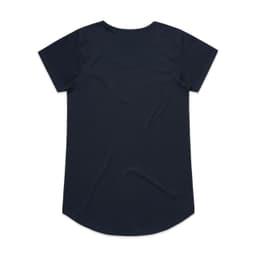 A dark navy blue T-shirt with short sleeves and a rounded hem, featuring a logo.