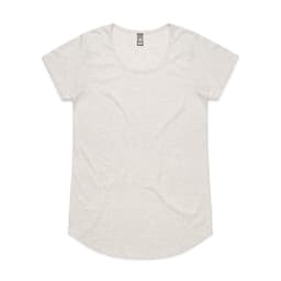 A light beige t-shirt with a rounded neckline and short sleeves. It features a logo on the label.