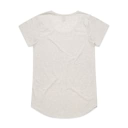 A light grey t-shirt with short sleeves and a rounded hem. Features a logo but no visible text.