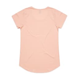 A light peach T-shirt with a rounded hem and a smooth finish. It has a label at the neck and a logo.