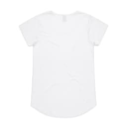 A white short-sleeved t-shirt with a rounded hem and a small logo on the back.