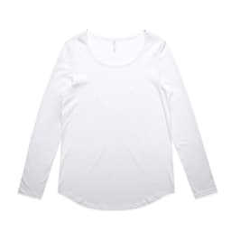A long-sleeve white T-shirt with a round neckline and a logo on the label.